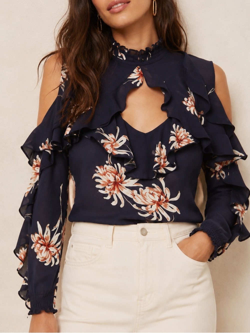 BB Dakota Dark Navy Floral Santa Monica Open Shoulder Cutout Blouse Size Medium
